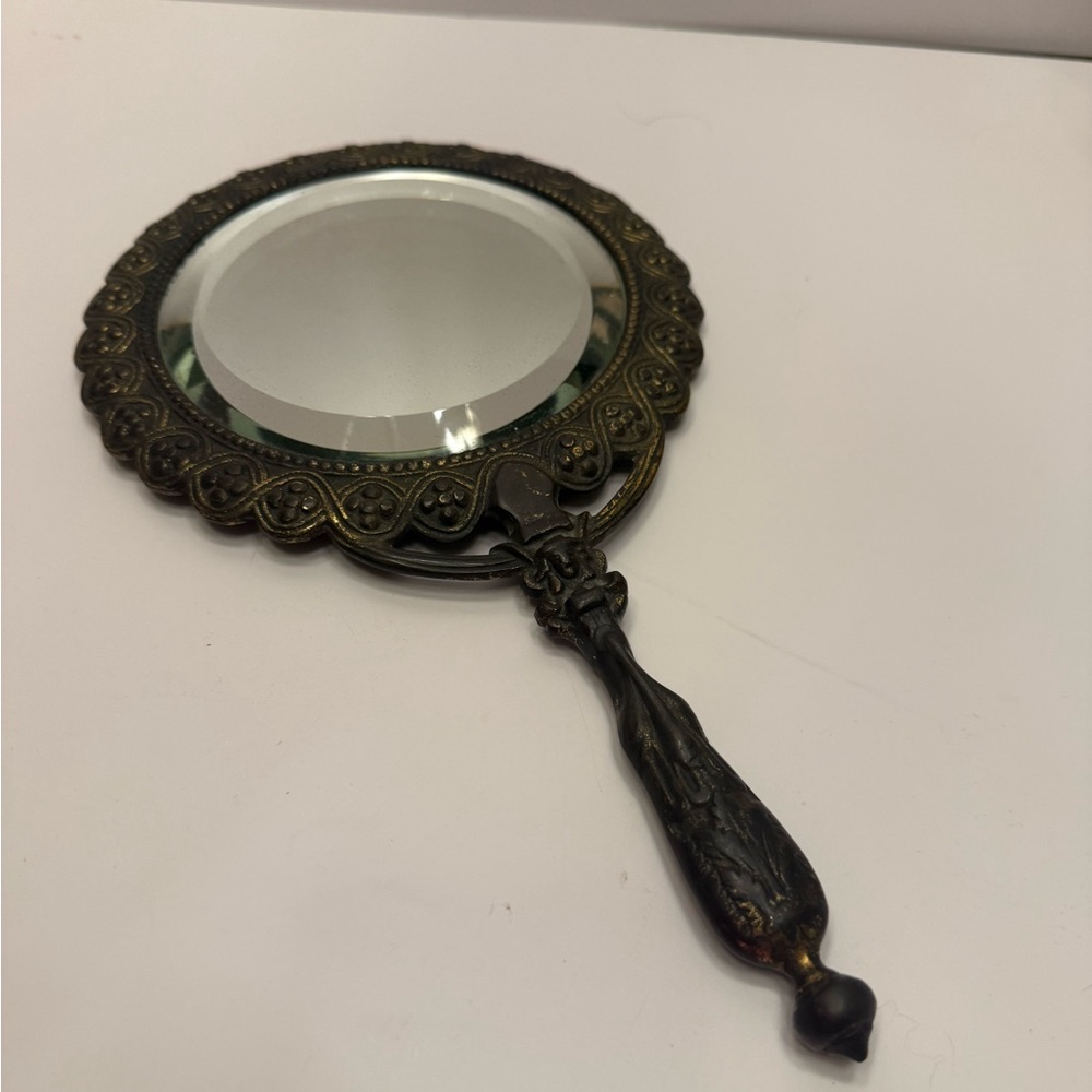 Antique metal handheld mirror beveled glass Victorian heavy & gorgeous, gold